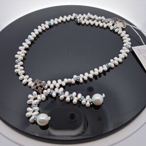 Lori Frantz-Koenig Faux Pearl Blue Crystal Necklace Chain 16-18 Inches